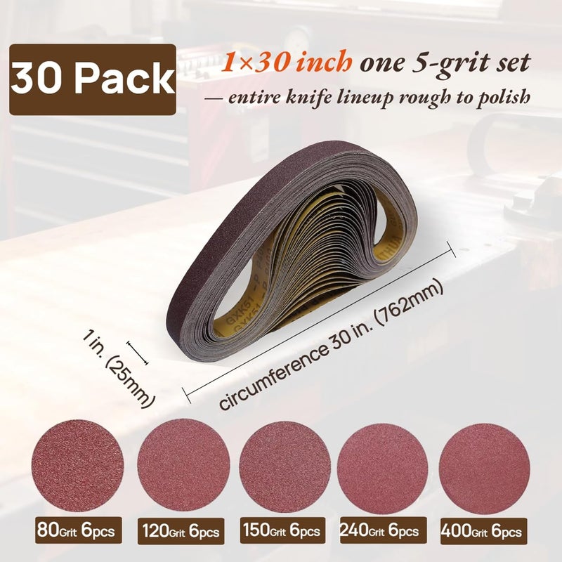 KTHUA Sanding Belts 1×30 in: 30 Pack 80–400 Grit — Precision Butt Joint & Open-Coat — Long Life | Clean Edges — for Knife Sharpening & Bevel Refining — Fits 1 x 30 Benchtop Belt Sanders - Image 2